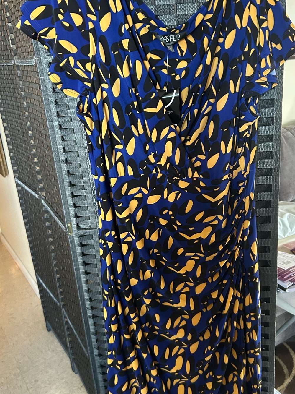 Kasper Blue and Yellow Abstract Wrap-Style Midi Dress